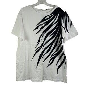 Bob Mackie Wearable Art White Black Zebra Sequin Graphic Tee Shirt Large FLAW
